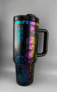 40 oz Tipsy Skeleton Tumbler with colorful metallic skull design and spill-resistant lid