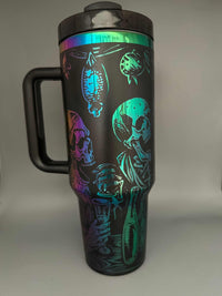 40 oz Tipsy Skeleton Tumbler with colorful metallic skull design and spill-resistant lid