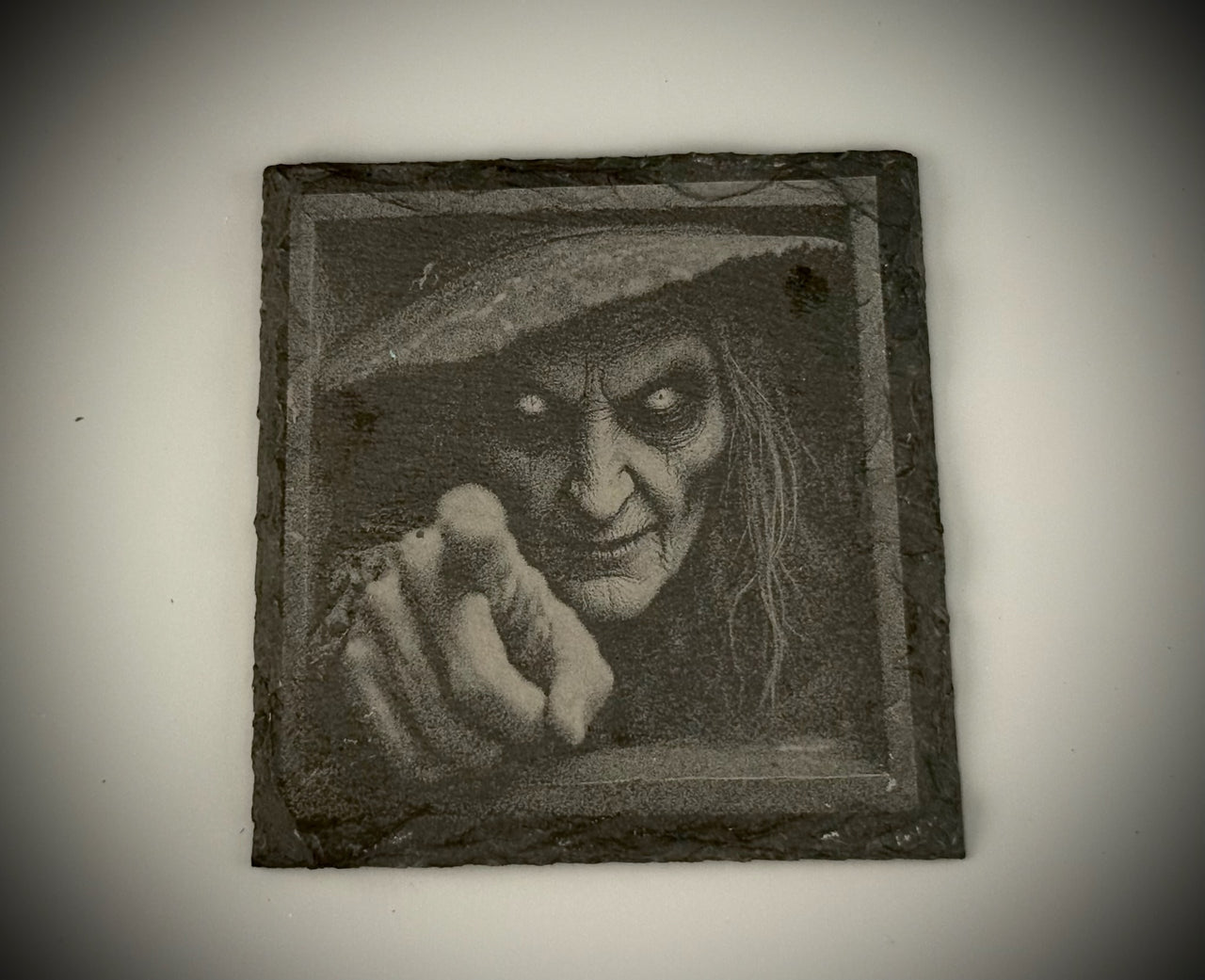 Pointing Witch Slate Coaster – Square Cut