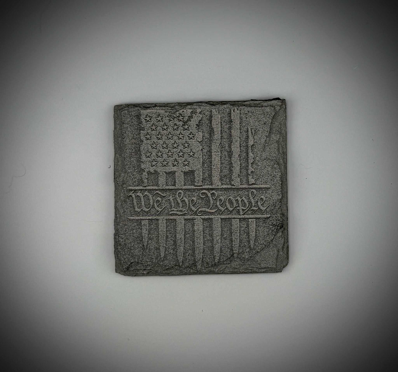 We The People square slate coaster with American flag engraving and heat-resistant design
